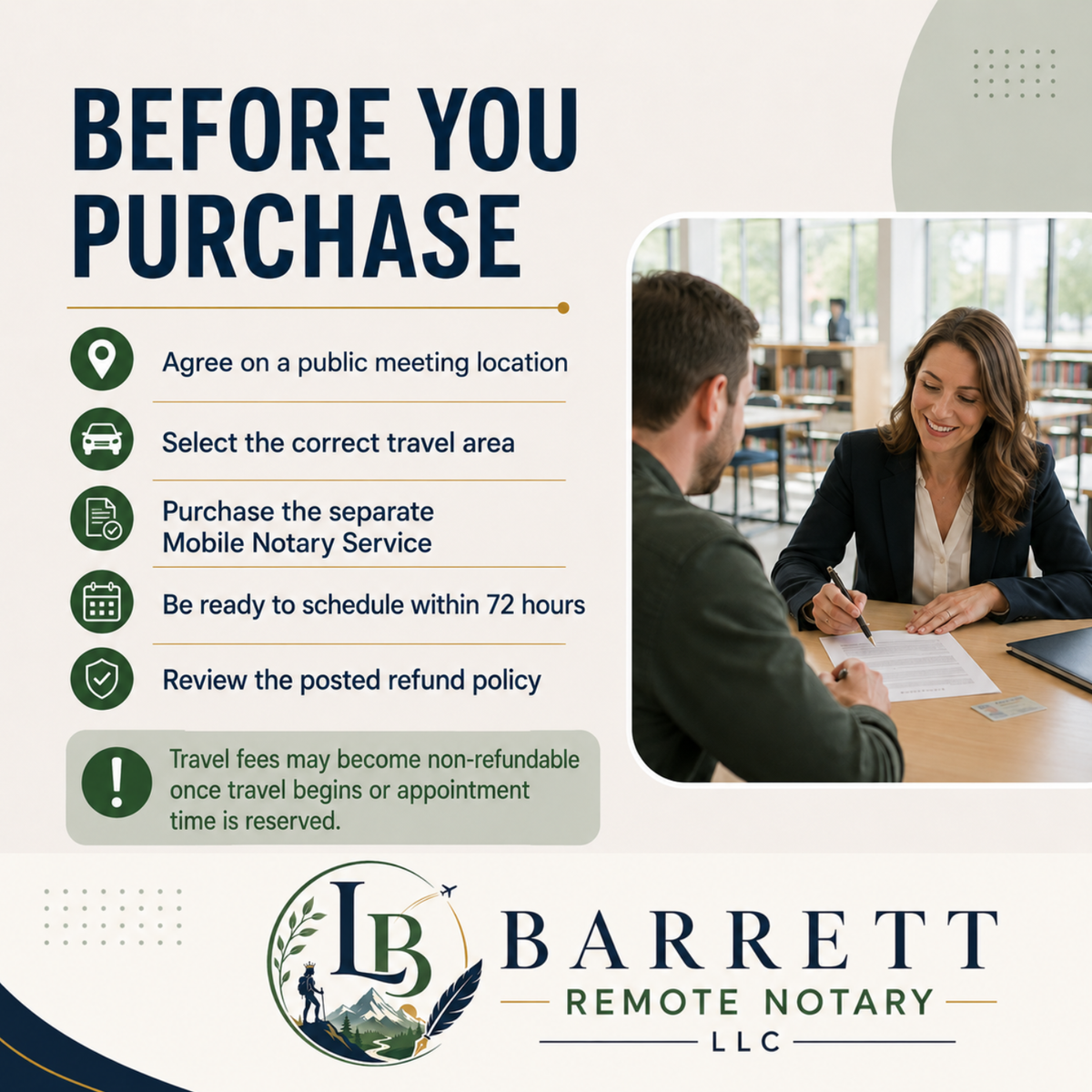 Promotional infographic for Barrett Remote Notary LLC titled 'BEFORE YOU PURCHASE' with a list of important considerations, a photo of a notary-client meeting, and the Barrett Remote Notary logo at the bottom.