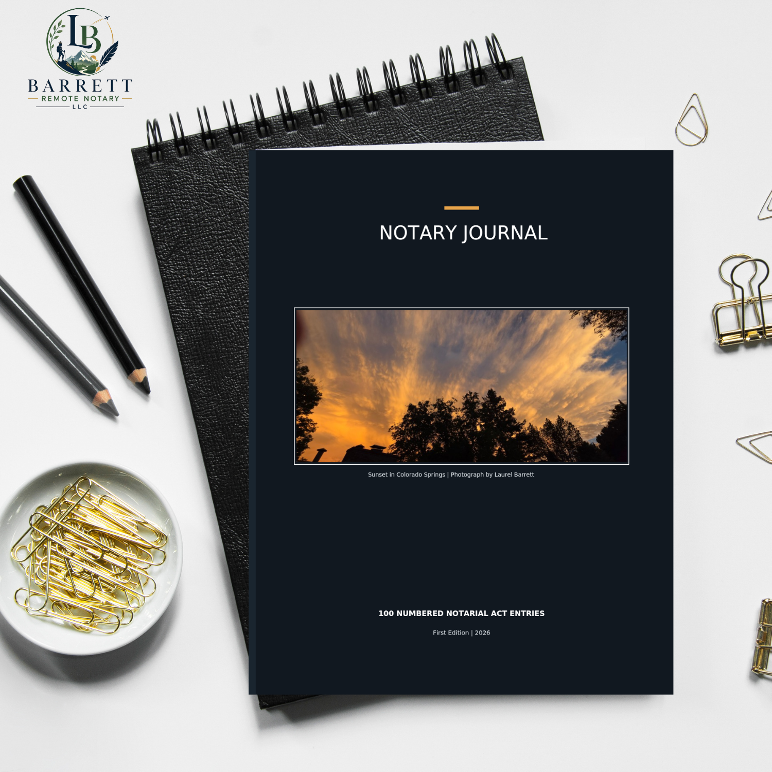 Colorado sunset Edition notary public journal with original Colorado Springs photography and 100 single-entry pages.