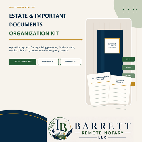 Promotional graphic for the 'Estate & Important Documents Organization Kit' by Barrett Remote Notary LLC. The design features a cream background with dark navy blue and green accents, showcasing a mockup of a navy document organizer box with a gold-accented label, alongside sample pages for 'Important Documents Checklist' and 'Emergency Contracts'.