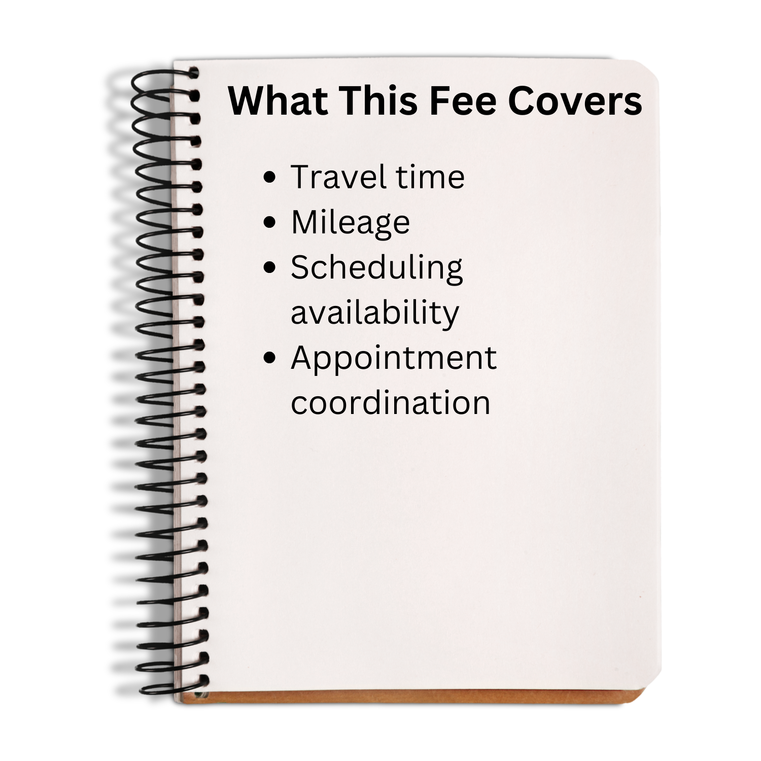 Notebook with text listing what a fee covers on a white background