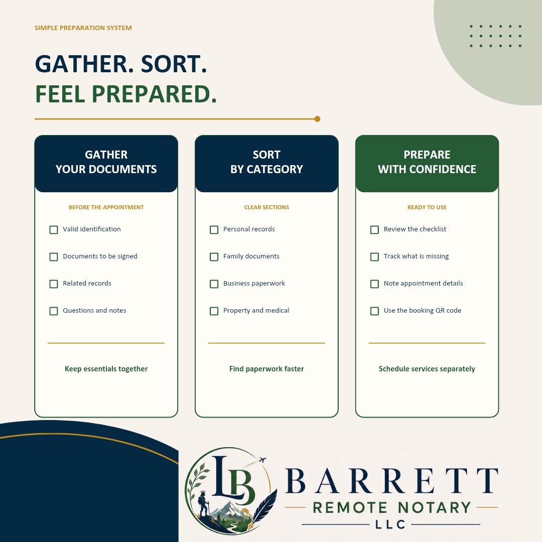 A digital infographic for a remote notary service by Barrett Remote Notary LLC, titled 'GATHER. SORT.