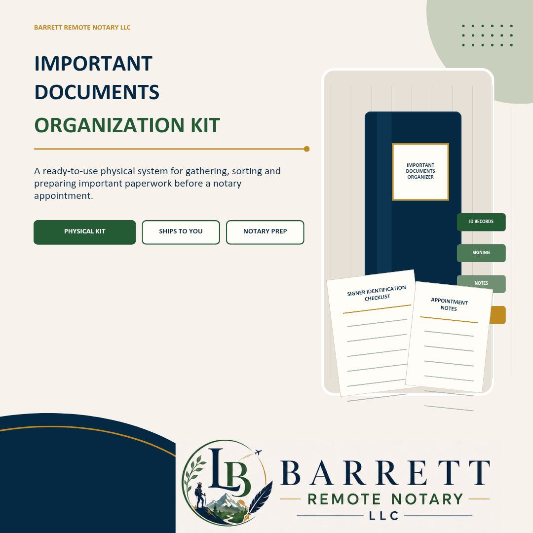 Promotional graphic for the Barrett Remote Notary LLC Important Documents Organization Kit, showing a navy document organizer notebook, a document folder, and two sample notary identification letters on a cream background with branding.