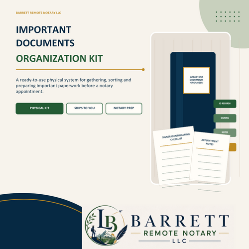 Promotional graphic for the Barrett Remote Notary LLC Important Documents Organization Kit, showing a navy document organizer notebook, a document folder, and two sample notary identification letters on a cream background with branding.