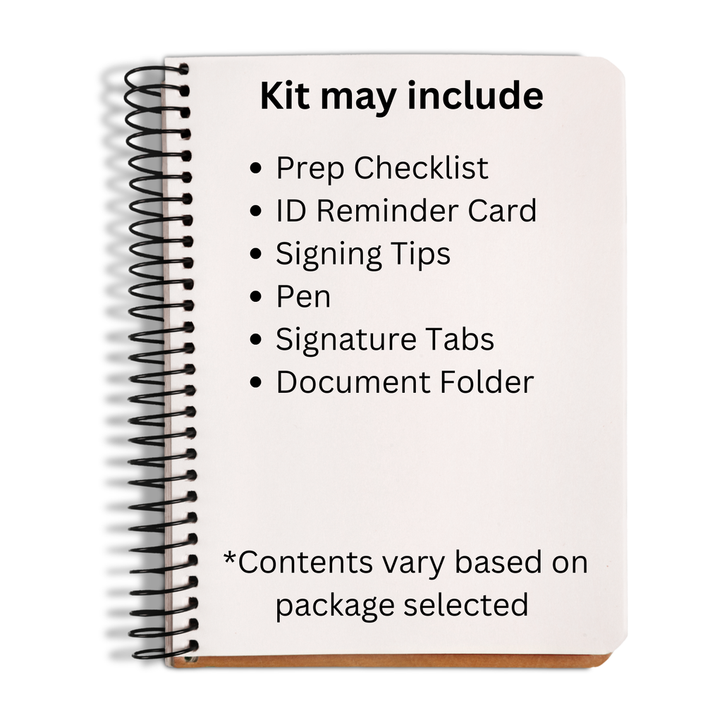 Contents of a notary appointment preparation kit including ID reminder card, signing checklist, pen, and document folder.