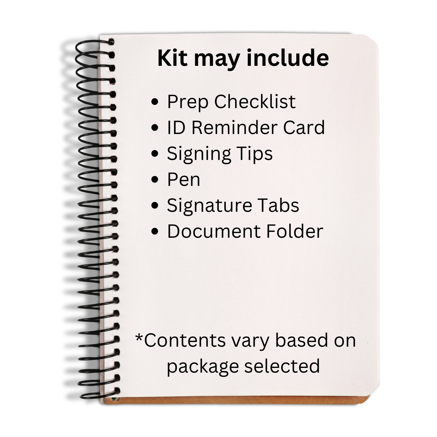 Contents of a notary appointment preparation kit including ID reminder card, signing checklist, pen, and document folder.