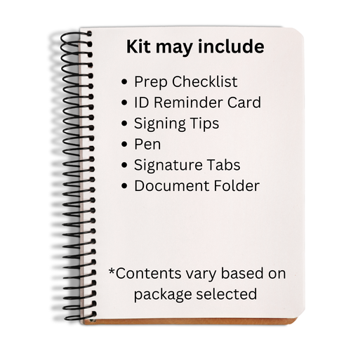 Contents of a notary appointment preparation kit including ID reminder card, signing checklist, pen, and document folder.