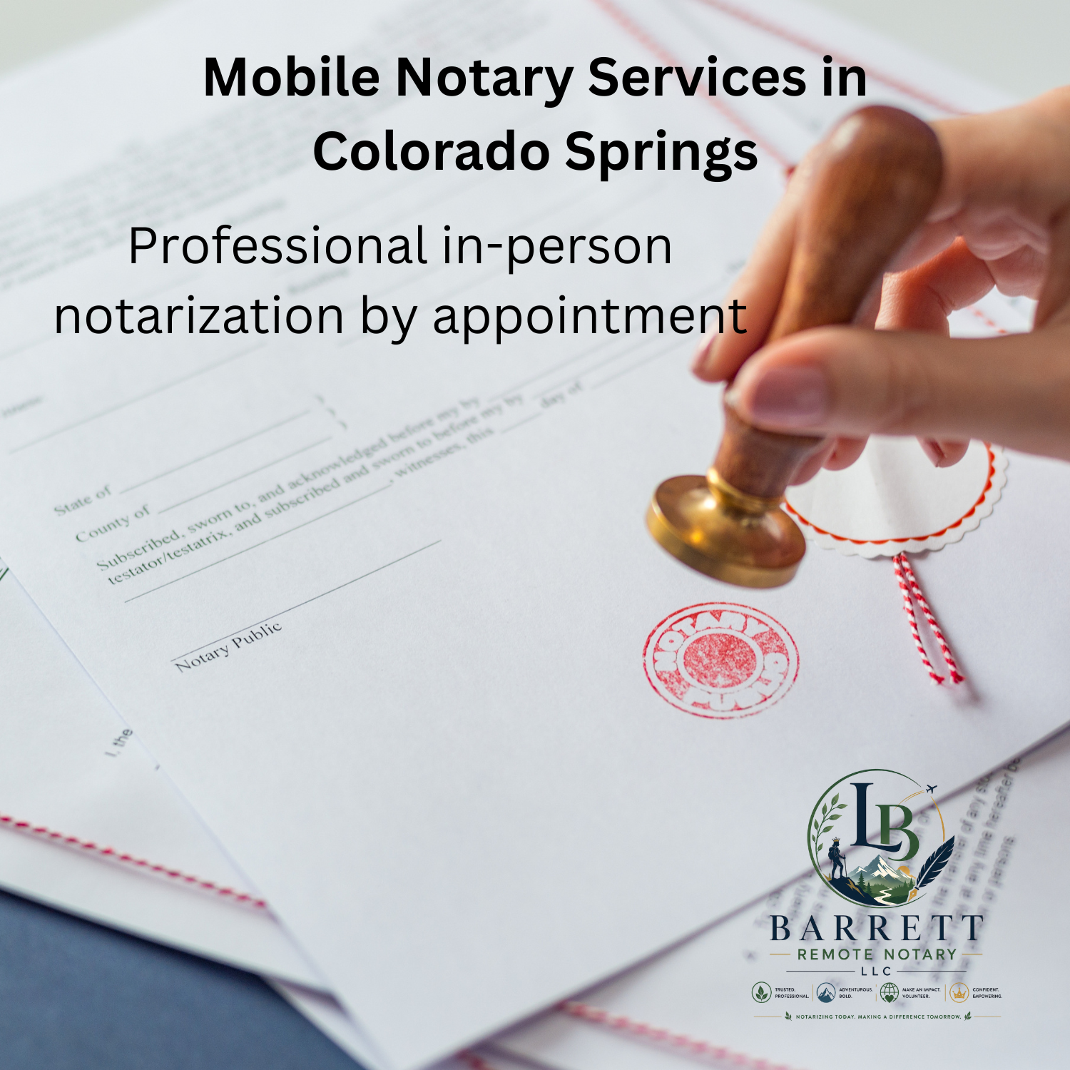 Hand applying a stamp to a document with text about mobile notary services in Colorado Springs.