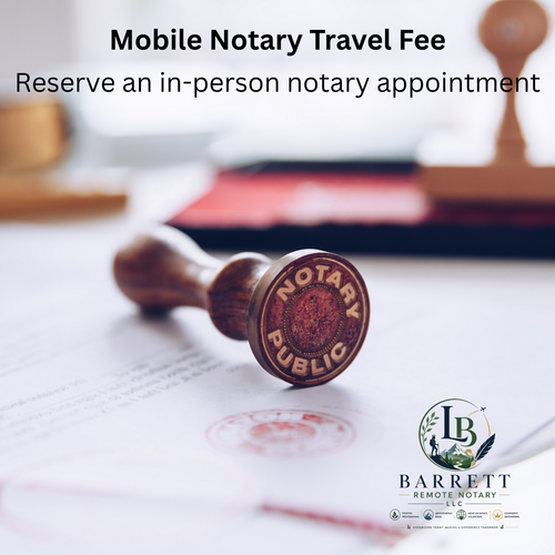 Notary public stamp on paper with text about mobile notary travel fee and appointment reservation.