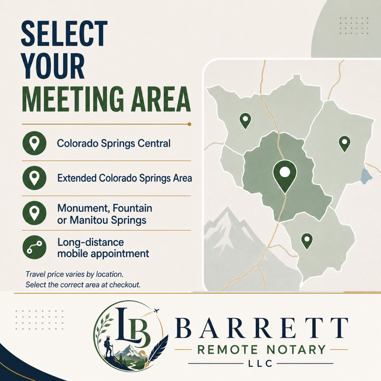 A digital graphic for Barrett Remote Notary LLC showing a map and text listing meeting area options such as Colorado Springs Central, Extended Colorado Springs Area, Monument or Manitou Springs, and Long-distance mobile appointment.
