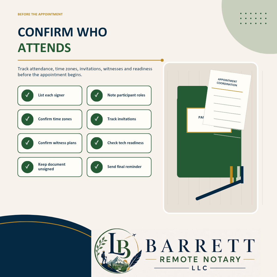 A digital infographic titled 'CONFIRM WHO ATTENDS' with text instructions and a small illustration of a green notepad and pen. The graphic includes the logo and name 'BARRETT REMOTE NOTARY LLC' at the bottom.