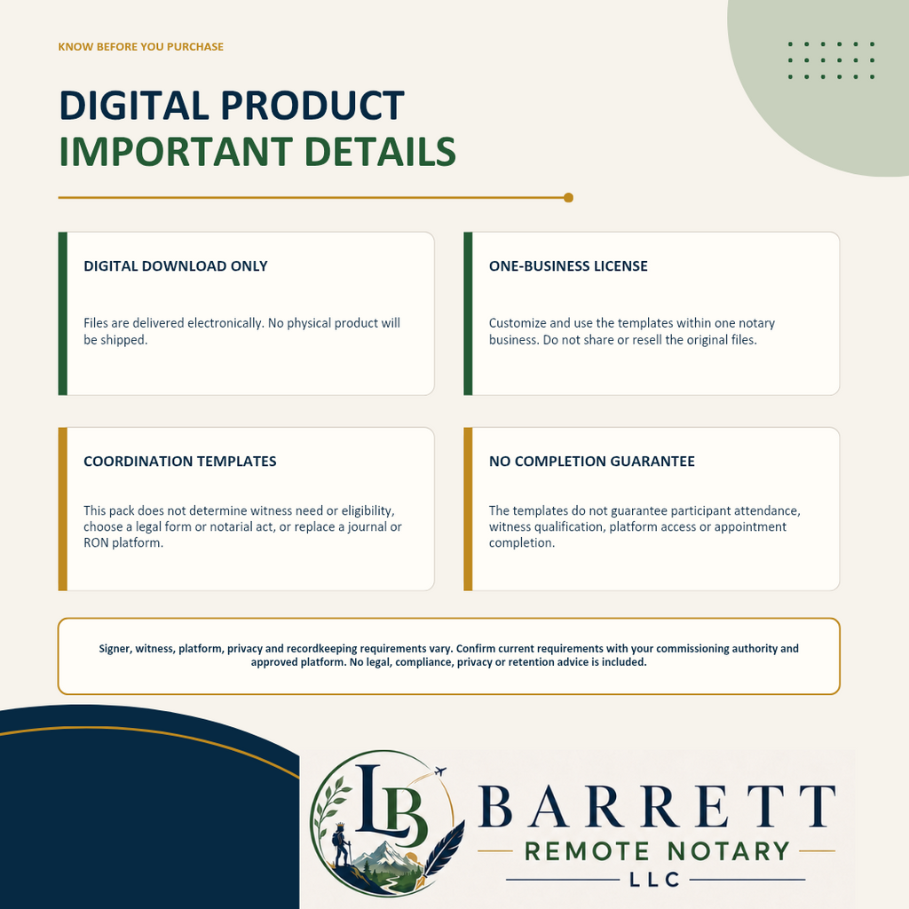 A digital product information graphic for a remote notary template pack. The graphic features a dark blue footer with the logo for 'Barrett Remote Notary LLC' and lists five key details about the digital download product in white rounded boxes with dark green and black text.