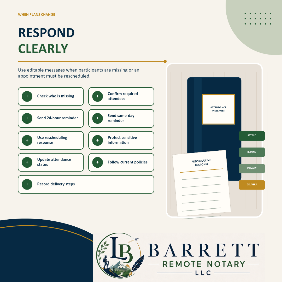 Promotional graphic for a remote notary service called Barrett Remote Notary LLC, featuring a 'Respond Clearly' app or digital notary kit with editable reminder messages and a notary journal mockup on a beige background with dark navy accents.