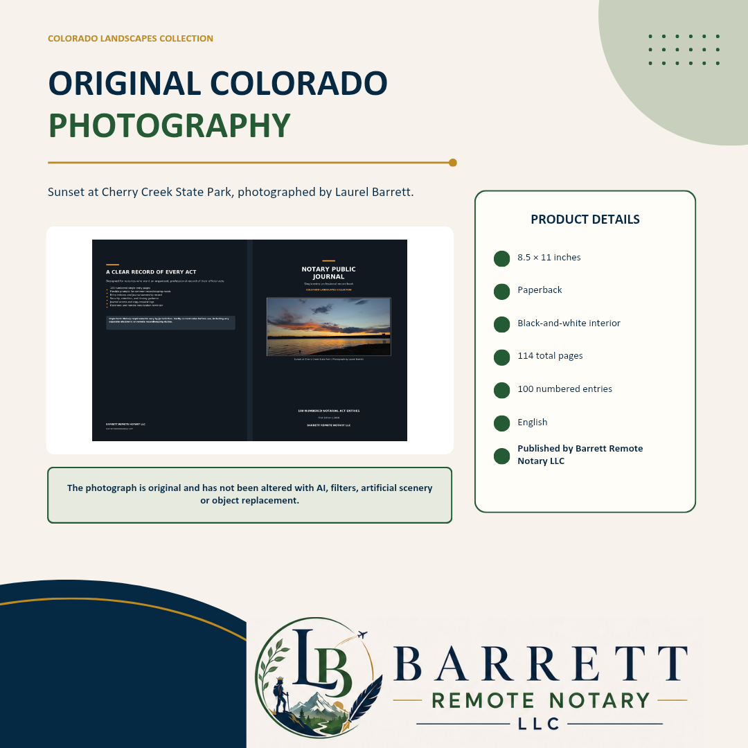 A product listing graphic for a 'Colorado Landscapes Collection' original photography book. The graphic features a sample preview of the book's black cover with a sunset landscape photo, accompanied by product details (8.
