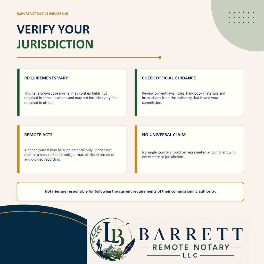 An informational graphic titled 'VERIFY YOUR JURISDICTION' with several text boxes explaining general-purpose journal requirements, remote acts, official guidance, and notarization responsibilities. The bottom features the Barrett Remote Notary LLC logo and branding on a cream and dark navy background.