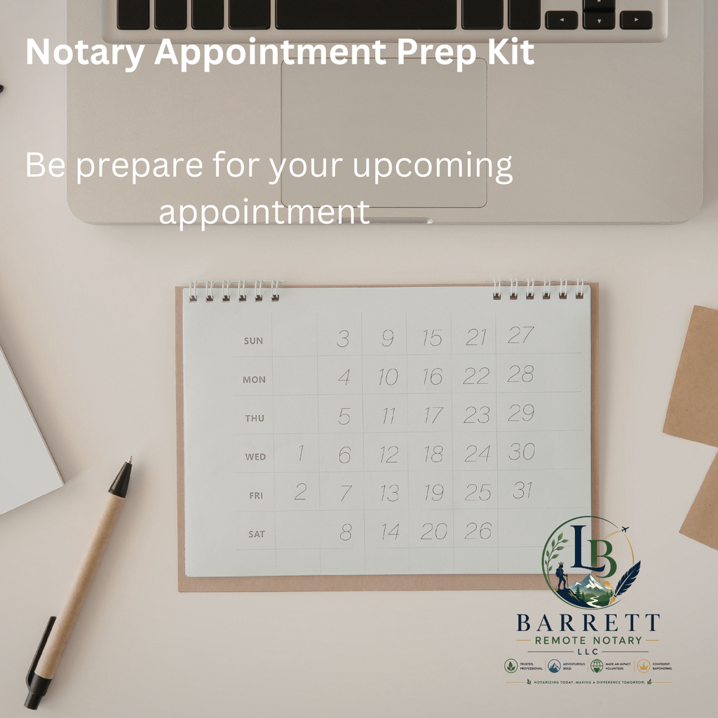 Notary Appointment Prep Kit with checklist, pen, folder, and sticky tabs for document signing preparation.