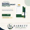 Promotional graphic for the Notary Appointment Prep Kit by Barrett Remote Notary LLC, showing a styled stationery set with a notary appointment prep list, pencil, sticky notes, and document organizer on a cream background with branding text.