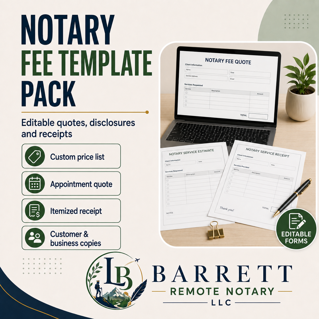 Promotional graphic for a Notary Fee Template Pack, showing editable quote forms, appointment quote, itemized receipt, and customer/business copies displayed on a laptop and sheets on a desk. Text highlights editable quotes, disclosures, receipts, custom price list, appointment quote, itemized receipt, and customer & business copies.