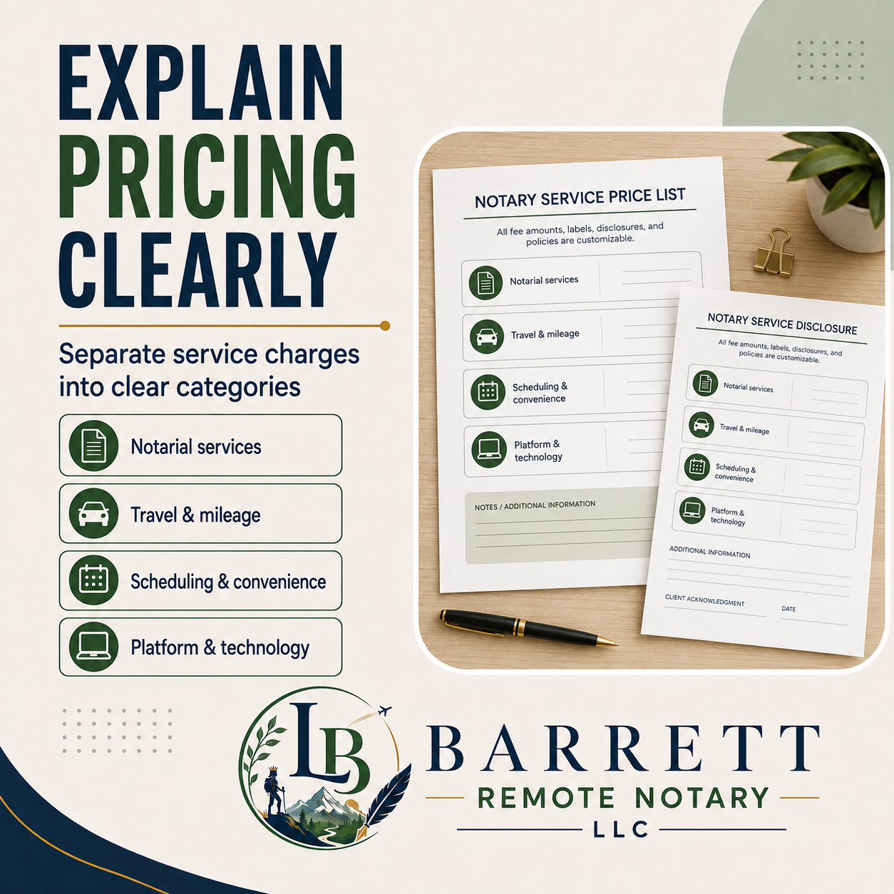 Promotional graphic for Barrett Remote Notary LLC explaining how notary service pricing is structured. The design features a clean beige background with dark teal and green typography, showing sample notary service price lists and disclosures on white paper templates alongside a black and gold pen.