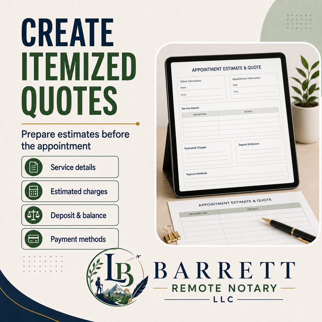Promotional graphic for a remote notary service by Barrett Remote Notary LLC, showing a tablet on a desk with an 'Appointment Estimate & Quote' template and a printed copy on a desk, alongside marketing text about creating itemized quotes.