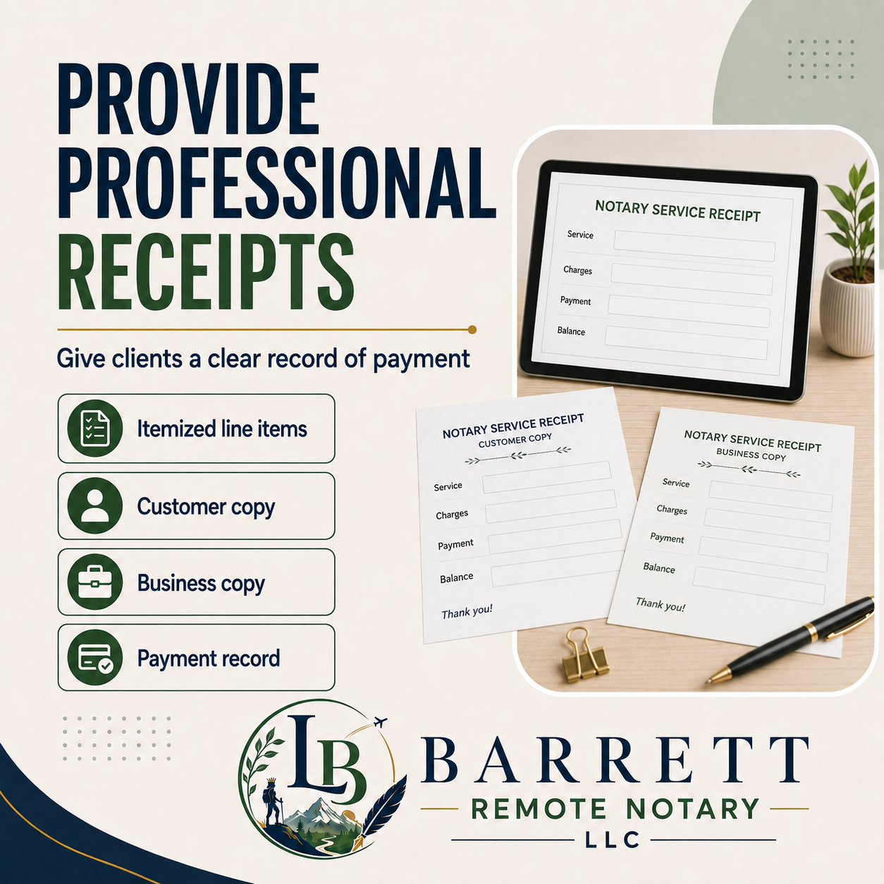 Promotional graphic for a notary receipt template set by Barrett Remote Notary LLC, showing sample notary service receipt forms printed on paper and displayed on a tablet, with text highlighting features like itemized line items, customer copy, business copy, and payment record.