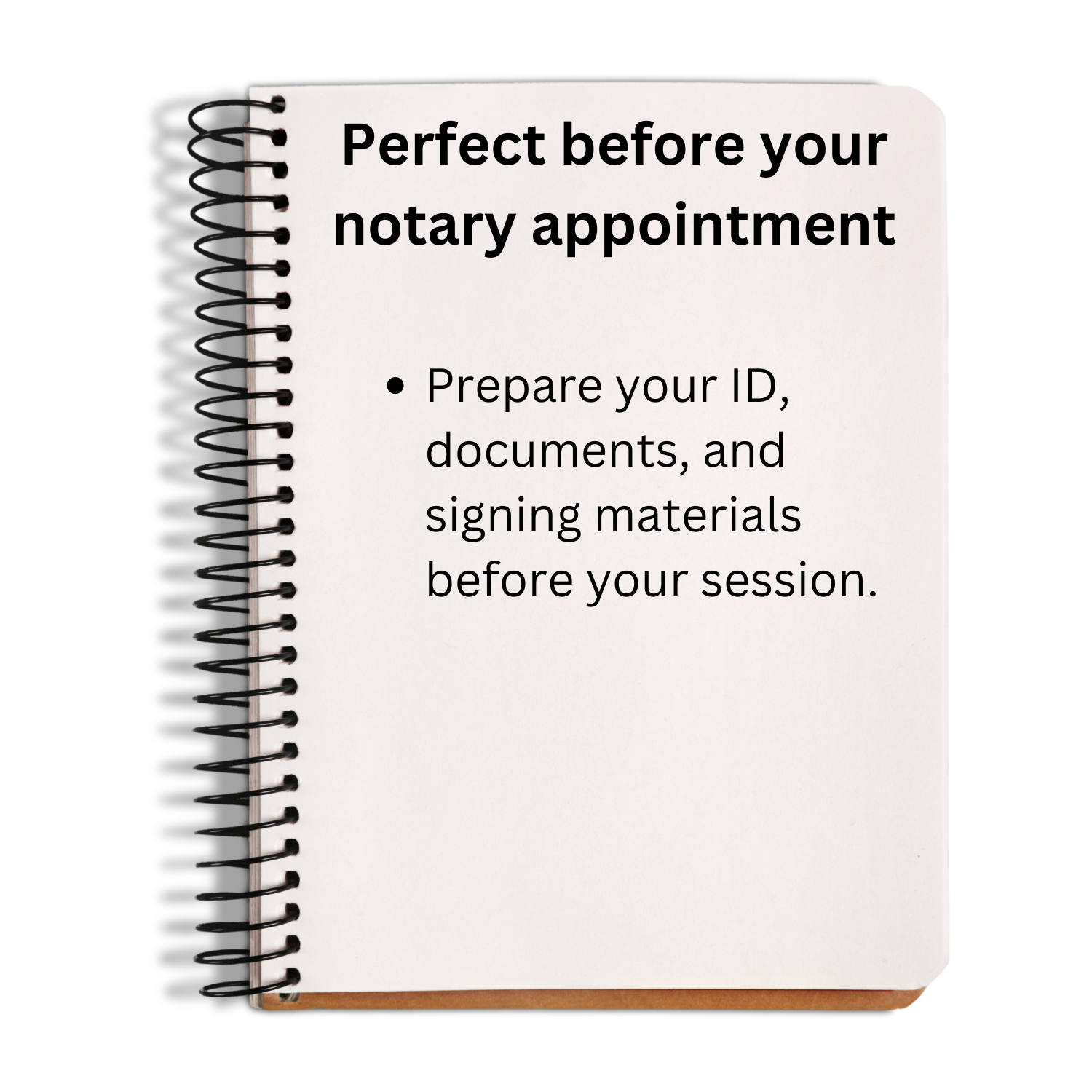 Notebook with text advising to prepare for a notary appointment