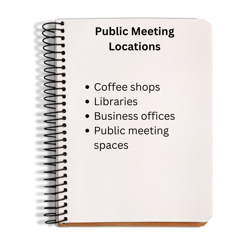 Notebook with text listing public meeting locations on a white background