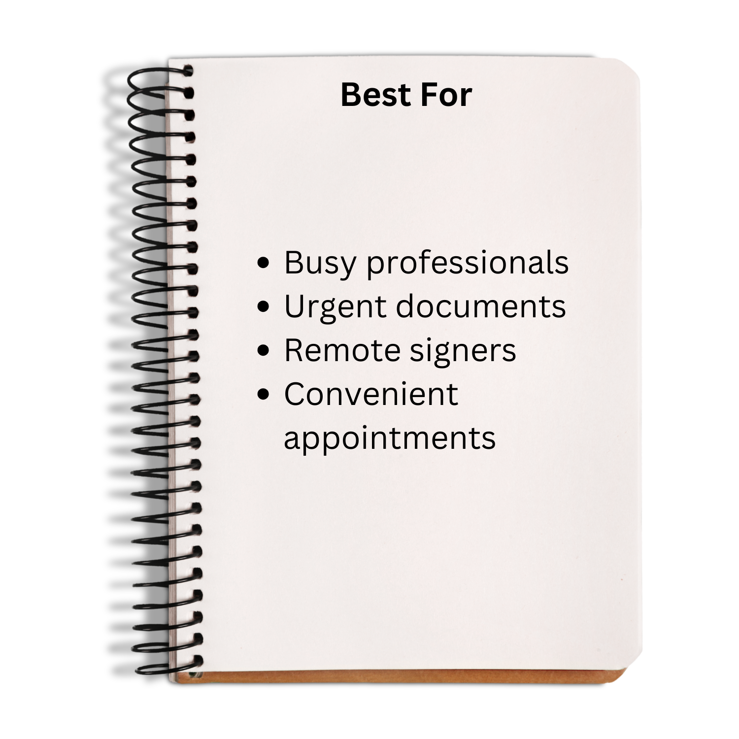 Notebook with text 'Best For' listing uses on a white background
