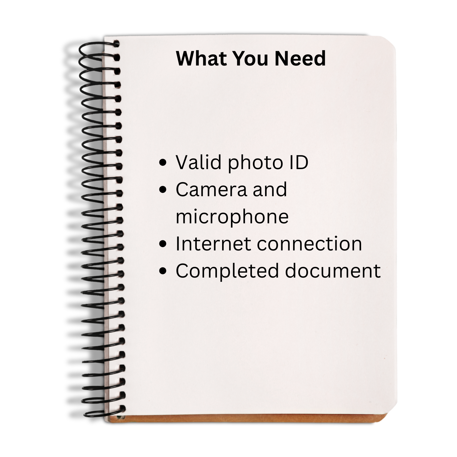Notebook with a list of items needed on a white background