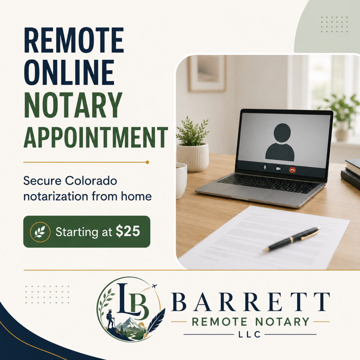 Promotional graphic for a remote online notary appointment service. The left side features large text reading 'REMOTE ONLINE NOTARY APPOINTMENT' and 'Secure Colorado notarization from home' with a green pricing badge.
