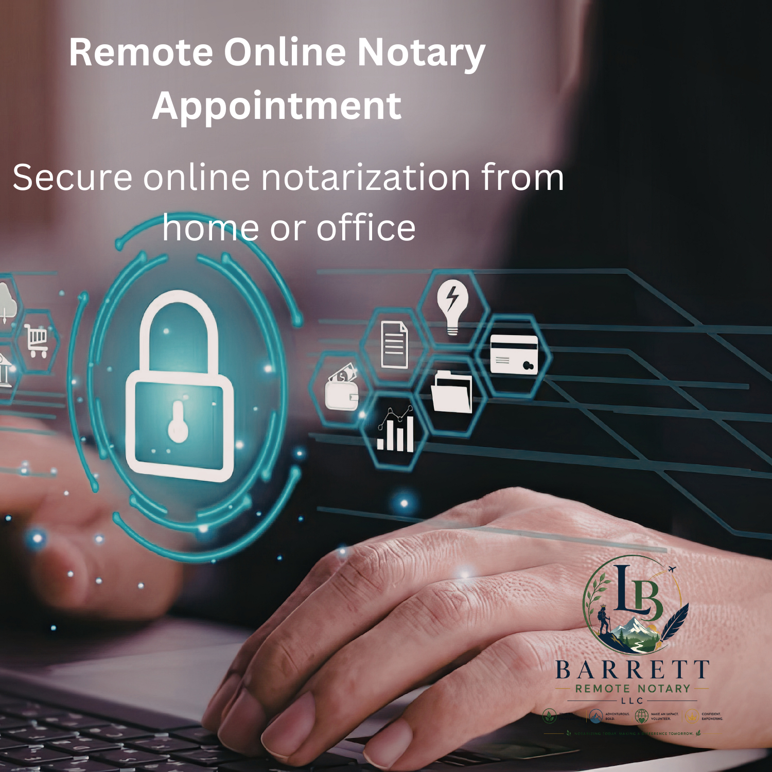 Advertisement for remote online notary appointment service with hands on a laptop and digital icons.