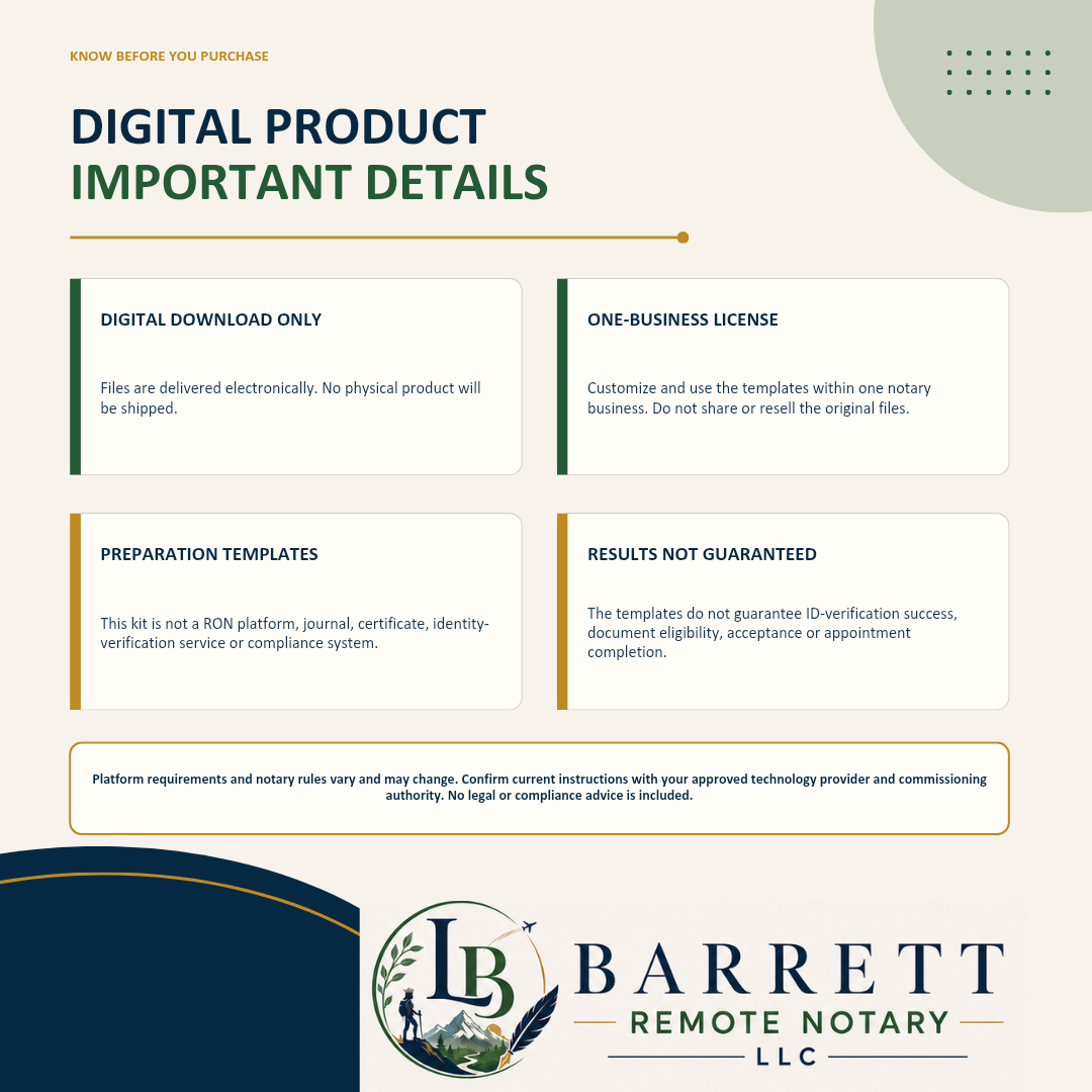 A digital informational graphic for a remote notary template kit, titled 'DIGITAL PRODUCT IMPORTANT DETAILS' on a cream background with dark teal accents. The graphic outlines key purchase terms such as digital download only, one-business license, preparation templates, and results not guaranteed, with a Barrett Remote Notary LLC logo at the bottom.