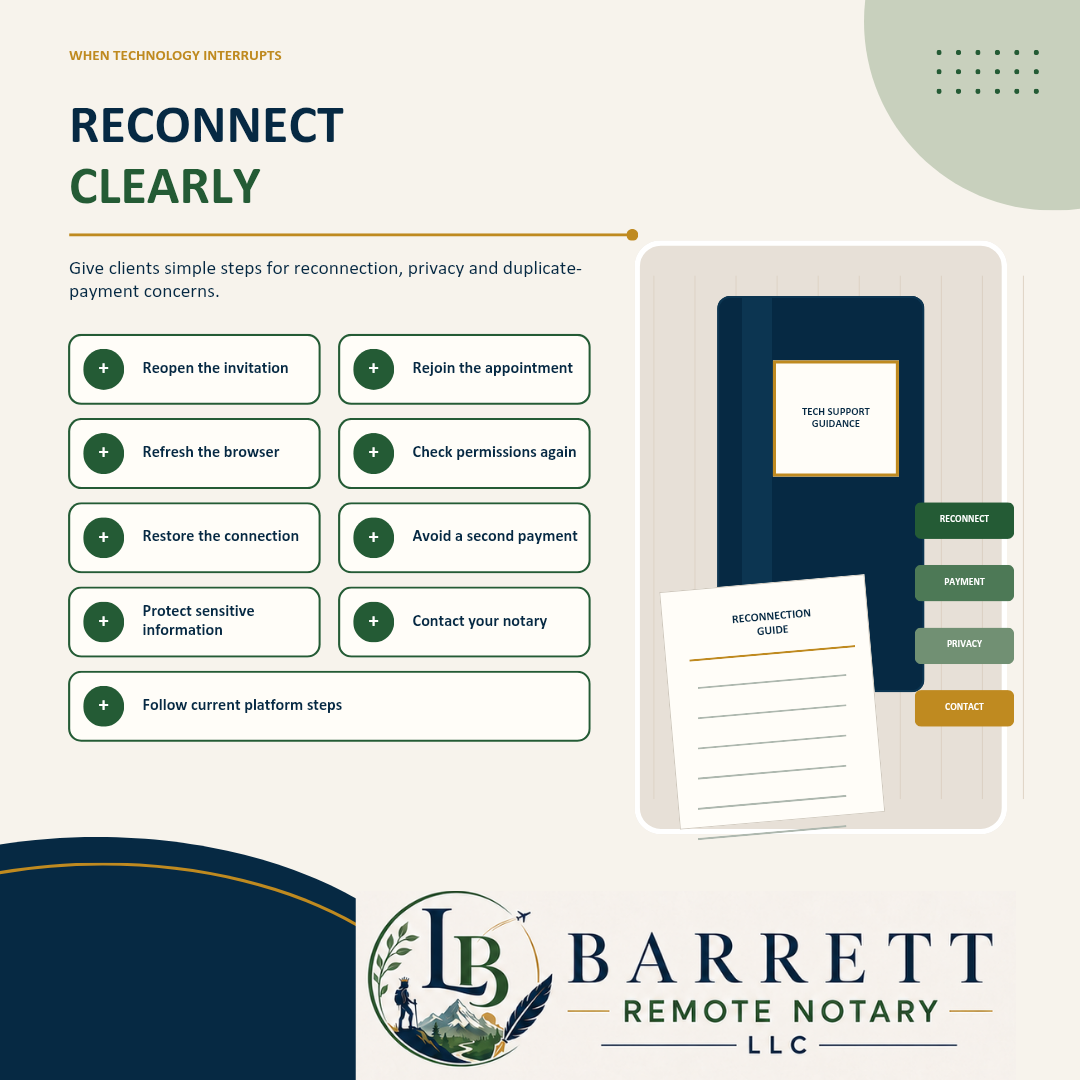 Promotional infographic for a remote notary service called Barrett Remote Notary LLC, titled 'RECONNECT CLEARLY'. The graphic features a mockup of a dark blue digital notary journal with green and gold buttons on the right, and a list of five green action buttons on the left detailing how clients can reconnect.