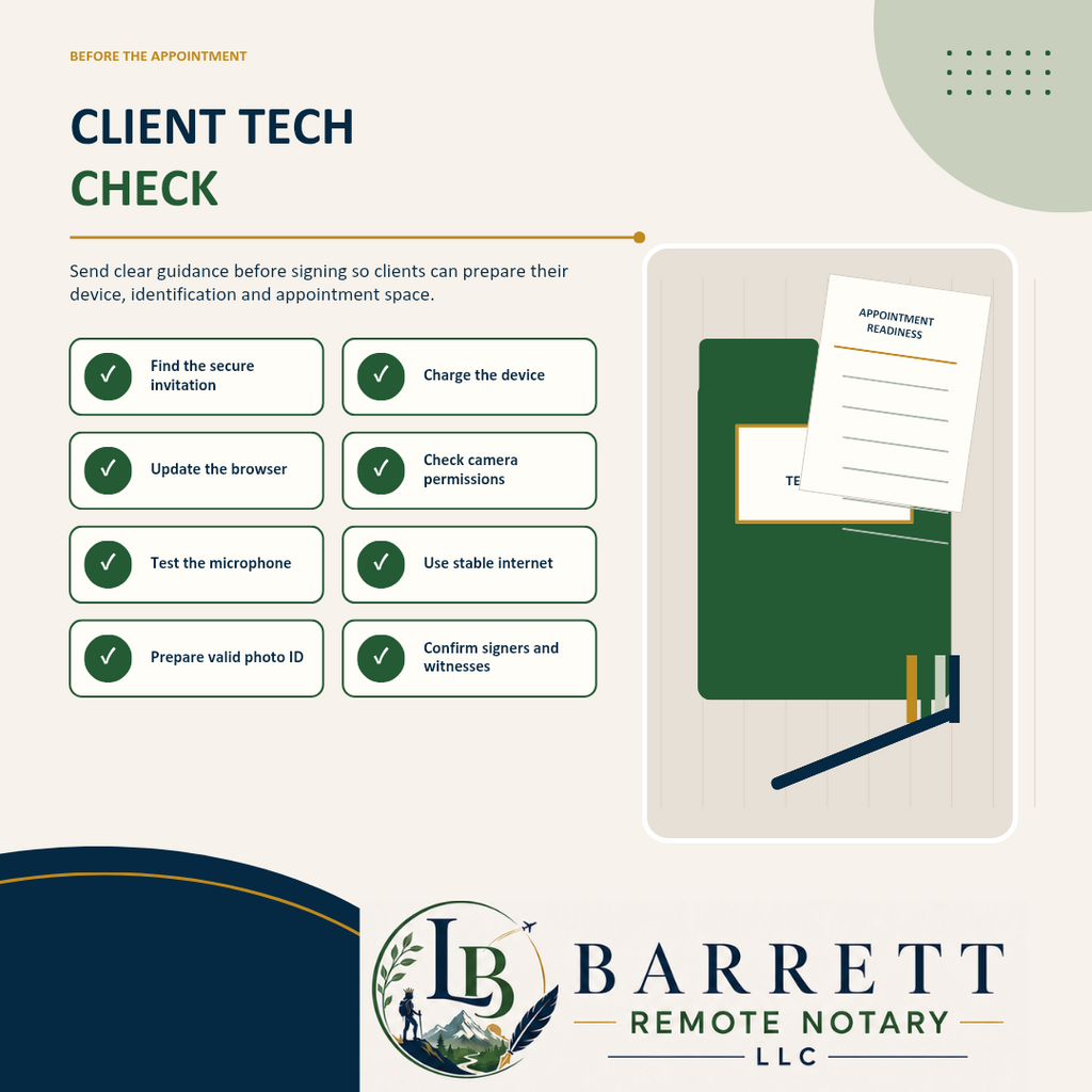 A promotional graphic for 'The Standard Kit' by Barrett Remote Notary LLC, showing a set of print at home planning and document-keeping tools including a folder, appointment card, checklist, tracker pages, sticky flags, and a pen on a light beige background with branding at the bottom.