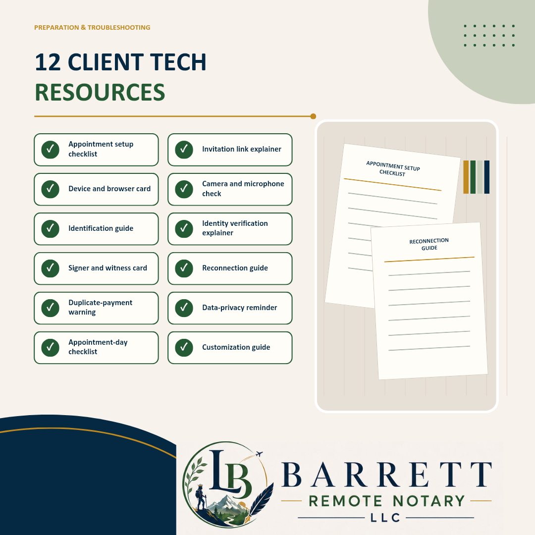 Promotional graphic for '12 Client Tech Resources' by Barrett Remote Notary LLC, showing a checklist of digital guides and documents on a light beige background with dark navy and green accents.