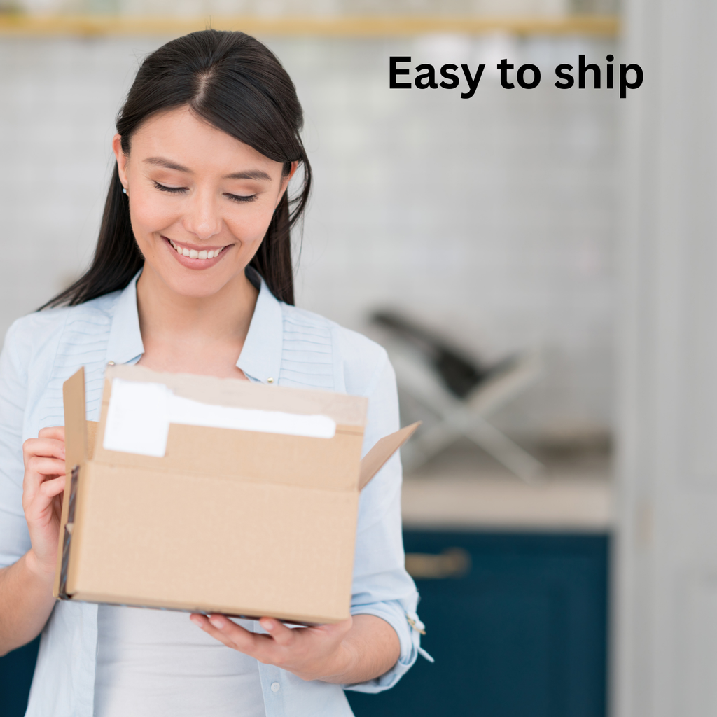 Woman holding a cardboard box with 'Easy to ship' text above