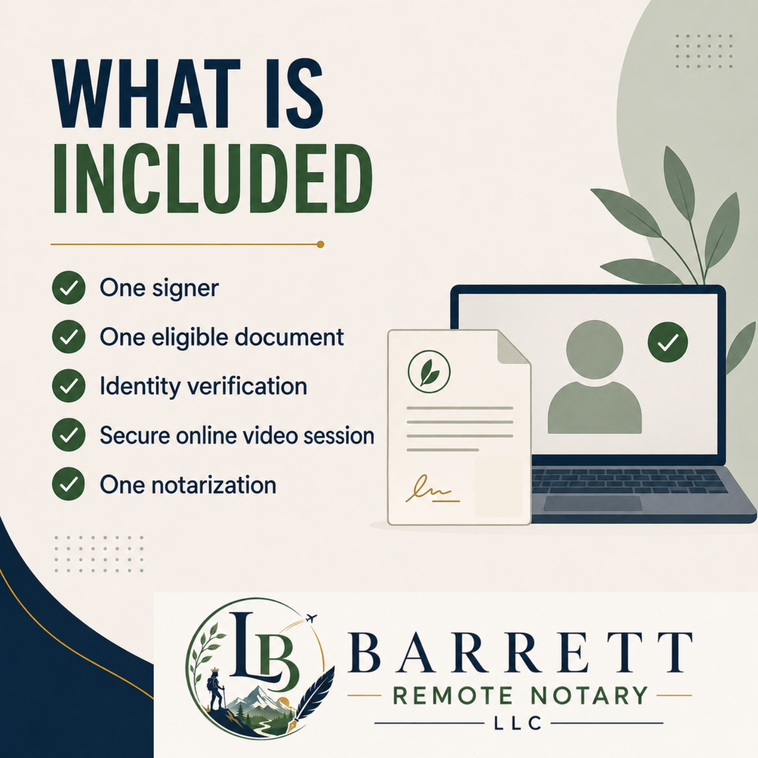 Promotional graphic for a remote notary service by Barrett Remote Notary LLC, titled 'WHAT IS INCLUDED,' listing one signer, one eligible document, identity verification, secure online video session, and one notarization, with illustrated document and laptop graphics on a light beige background.