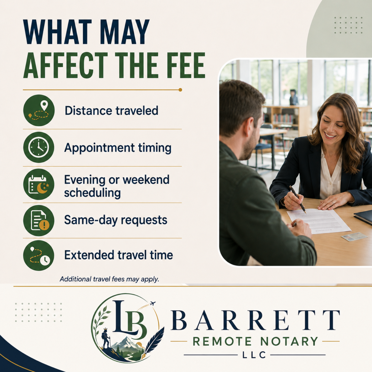 Fee information graphic for Barrett Remote Notary LLC, listing factors that may affect the fee such as distance traveled, appointment timing, evening or weekend scheduling, same-day requests, and extended travel time, with a photo of a notary-client meeting in the top right.