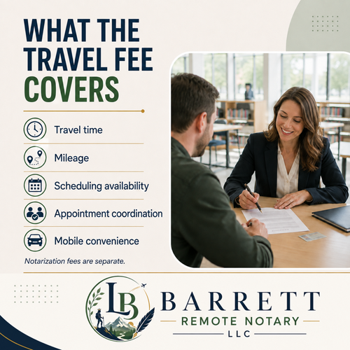 Promotional graphic for Barrett Remote Notary LLC explaining what the travel fee covers, including travel time, mileage, scheduling availability, appointment coordination, and mobile convenience. The left side lists these benefits in text with icons, while the right side shows a photo of a notary and client sitting at a table in a library or study.