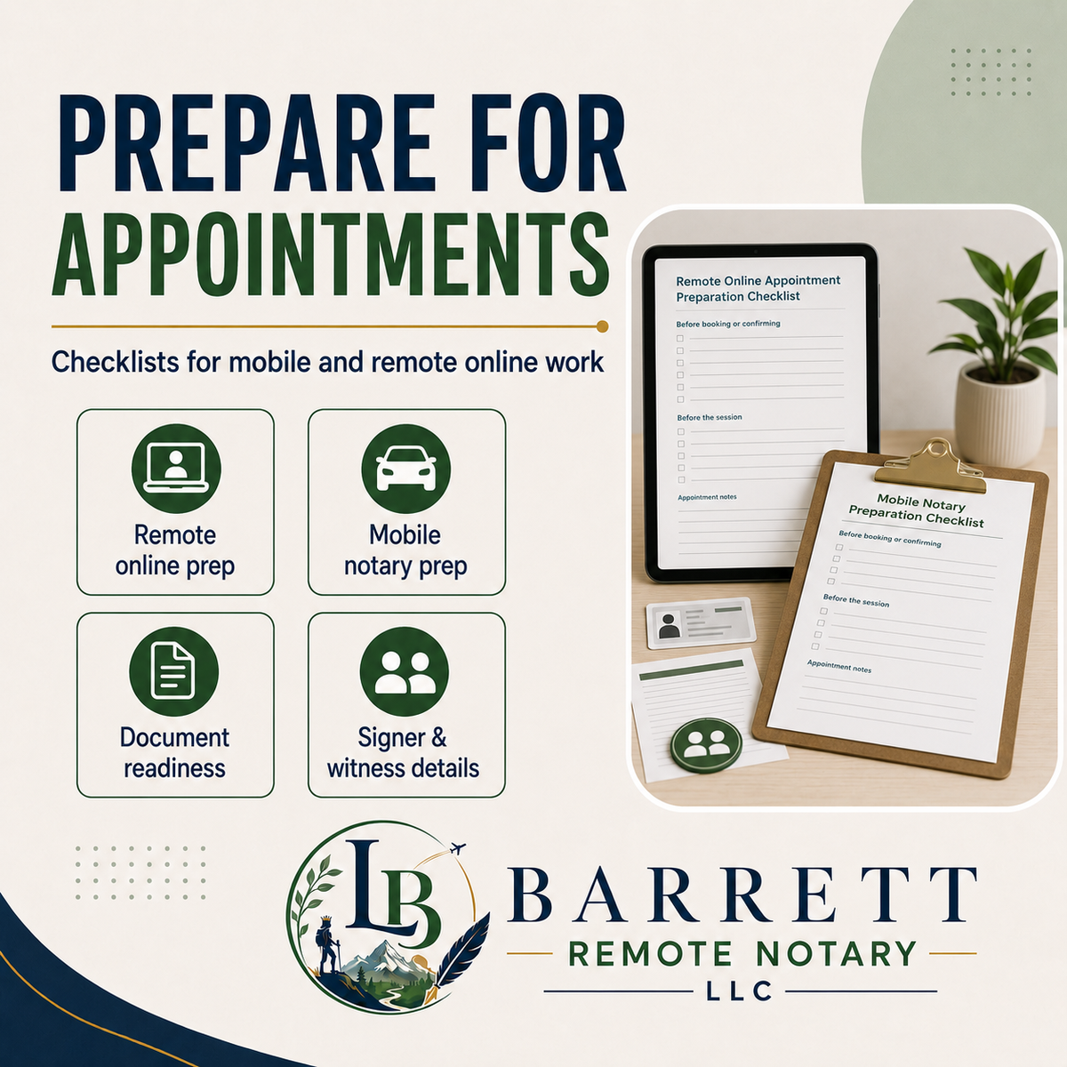 Promotional graphic for a remote notary service titled 'PREPARE FOR APPOINTMENTS' with checklist-themed icons and a photo of notary preparation materials on a desk. The Barrett Remote Notary LLC logo appears at the bottom.