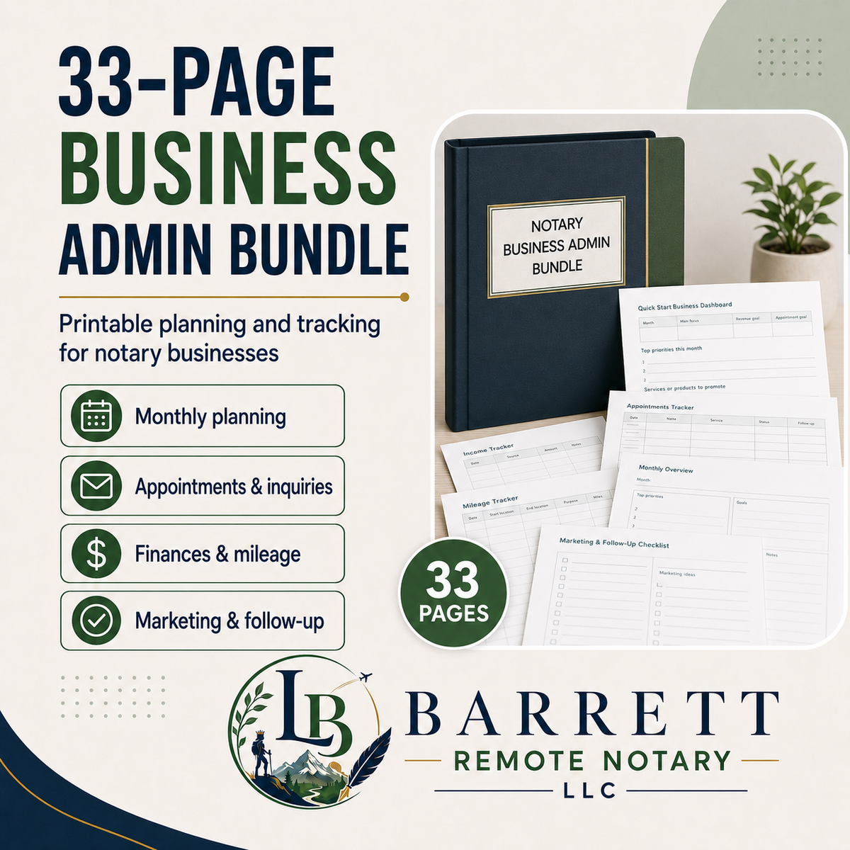 Promotional graphic for a 33-page business admin bundle printable template set, showing a dark navy binder labeled 'Notary Business Admin Bundle' with sample pages fanned out beside it. Large text reads '33-Page Business Admin Bundle' and includes feature icons for monthly planning, appointments & inquiries, finances & mileage, and marketing & follow-up.