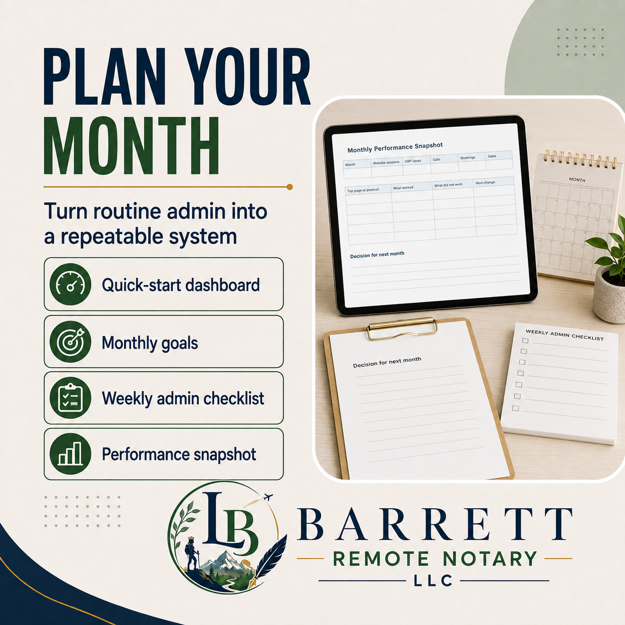 Promotional graphic for a monthly planning template set by Barrett Remote Notary LLC, featuring a tablet showing a monthly performance snapshot, a notebook, a clipboard with a decision log, and a weekly admin checklist on a cream background with text highlighting key features.