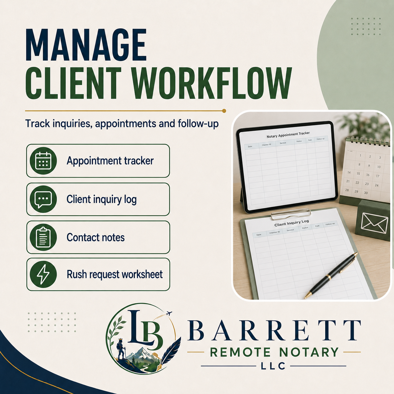 Promotional graphic for a client workflow management tool by Barrett Remote Notary LLC, featuring text listing included tracking items like appointment tracker, client inquiry log, contact notes, and rush request worksheet, alongside a photo of a tablet and notepad on a desk.
