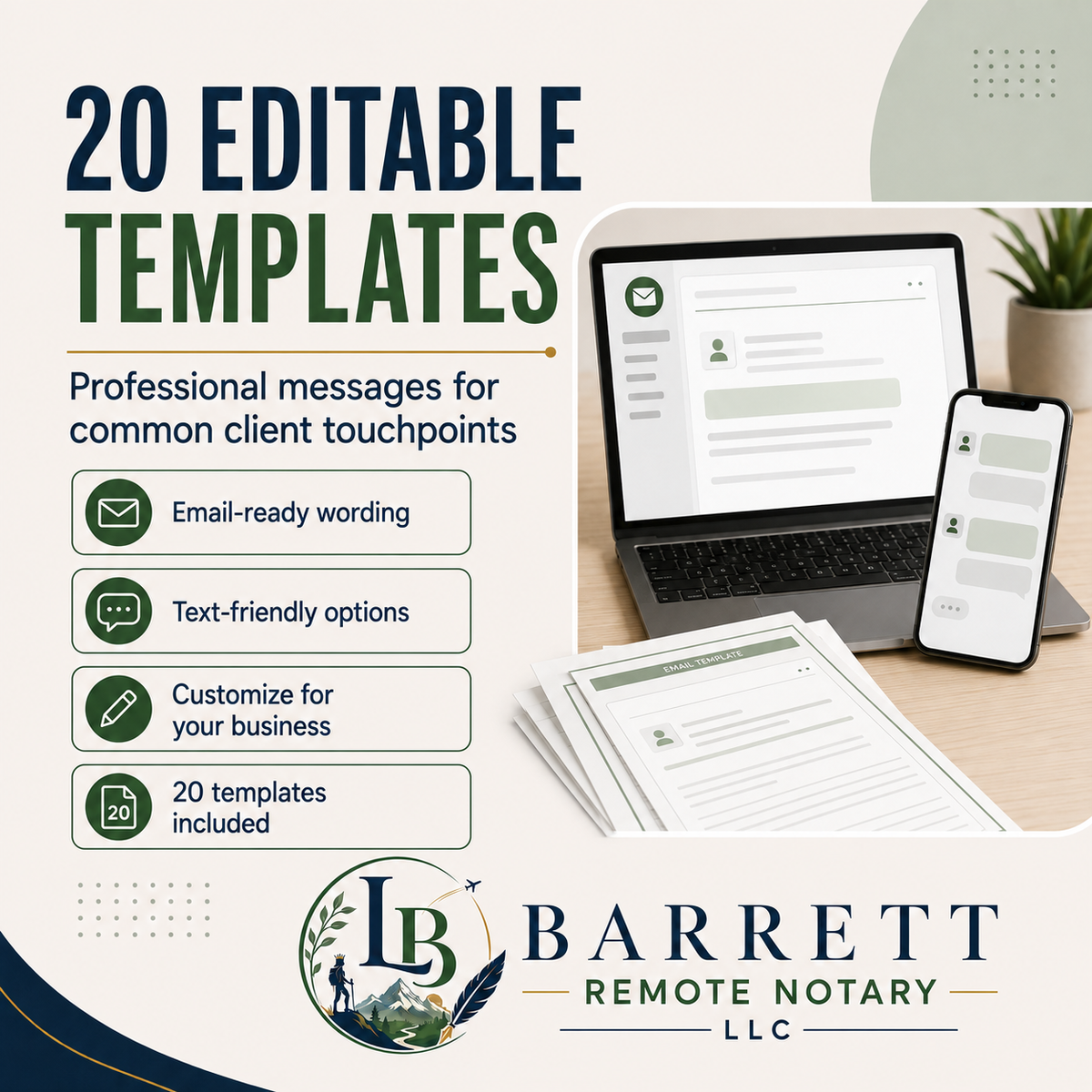 Promotional graphic for a digital product offering 20 editable templates for client touchpoints. The design features a laptop, smartphone, and stack of printed papers on a desk, showcasing email and text layouts.