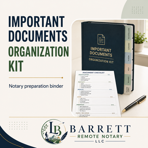 Notary preparation binder kit with a navy blue 'Important Documents' binder, a document checklist, and a pen on a light desk, with large text reading 'Important Documents Organization Kit' and the Barrett Remote Notary LLC logo.