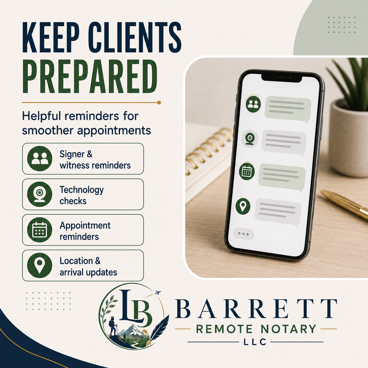 Promotional graphic for a digital notary reminder app by Barrett Remote Notary LLC. The left side features dark green and beige typography reading 'KEEP CLIENTS PREPARED' and lists features like signer & witness reminders, technology checks, appointment reminders, and location & arrival updates.