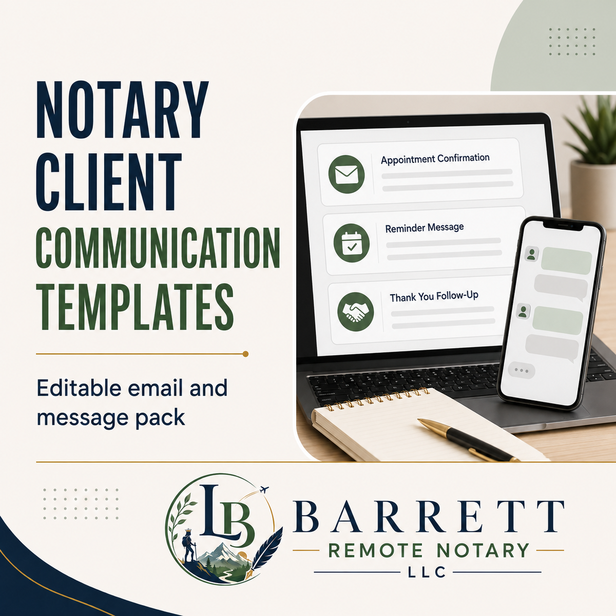 Promotional graphic for a notary client communication templates pack, showing a laptop and phone with appointment confirmation, reminder message, and thank you follow-up email templates. Text reads 'NOTARY CLIENT COMMUNICATION TEMPLATES' and 'Editable email and message pack.