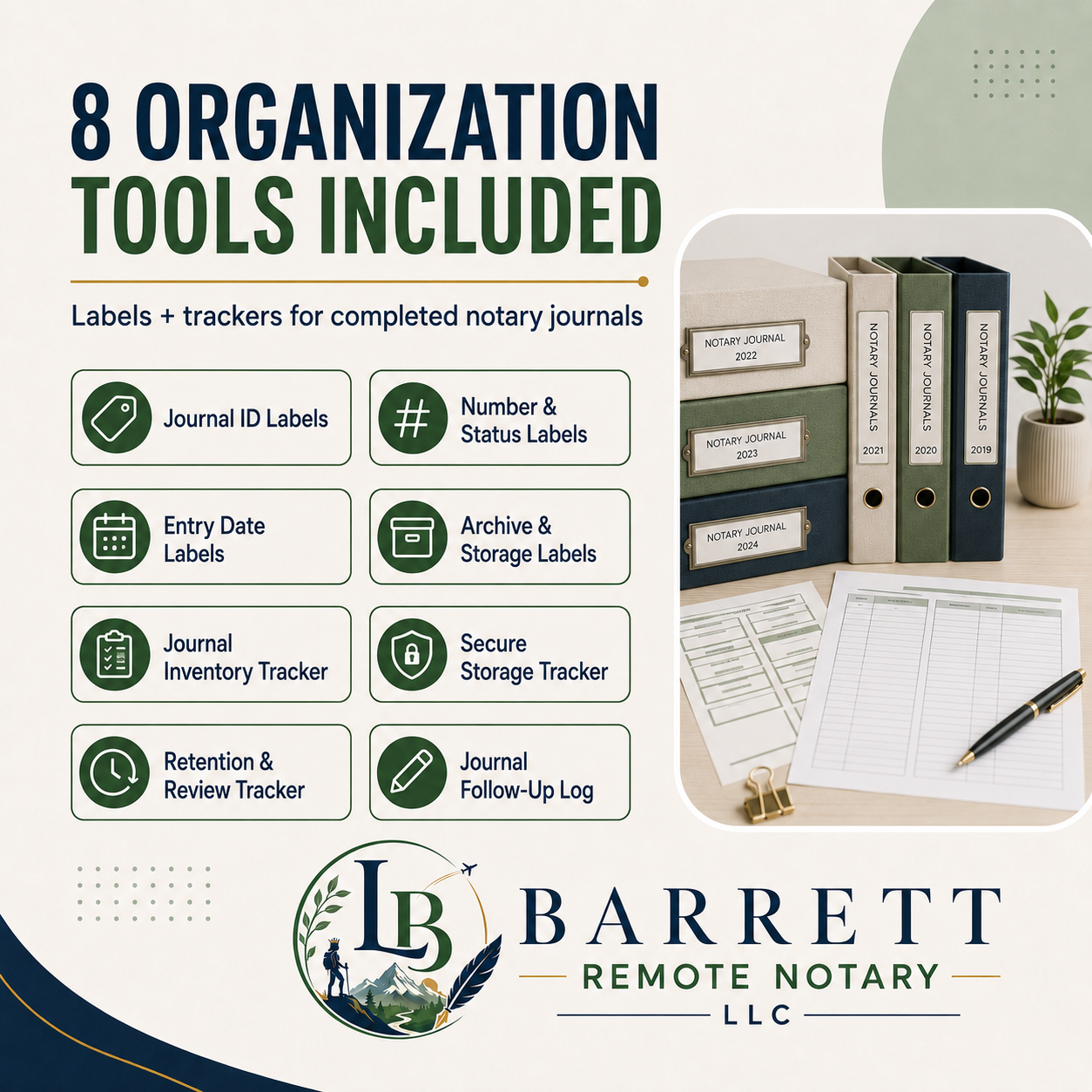 Promotional graphic for a notary journal organization kit by Barrett Remote Notary LLC, showing text that says '8 Organization Tools Included' and a grid of included labels and trackers, with a photo of bound journals, papers, and a pen on a desk.